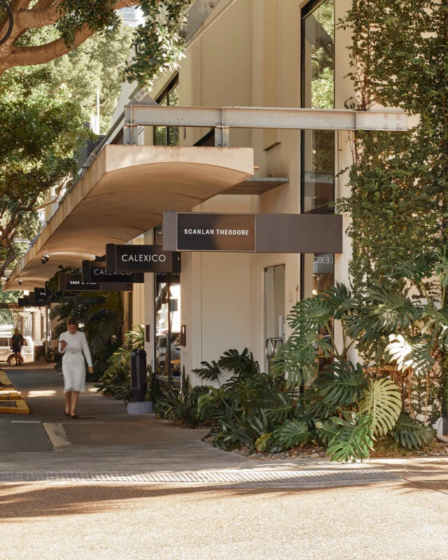 Plantings of lush greenery frame windows. Beyond, fashion that invites with textures of silk and soft leather. Welcome to our neighbourhood.